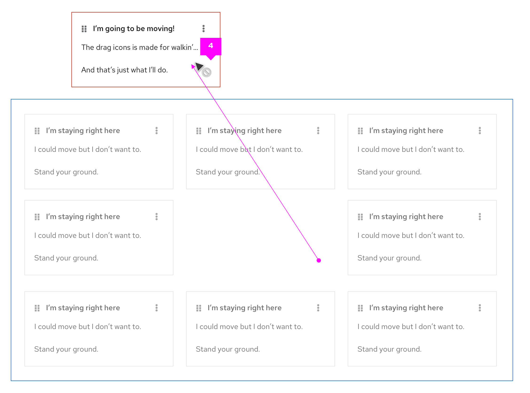 When dragging outside the bounding box the border color of the dragged item changes to pf-color-red-100 and the cursor changes to error state.