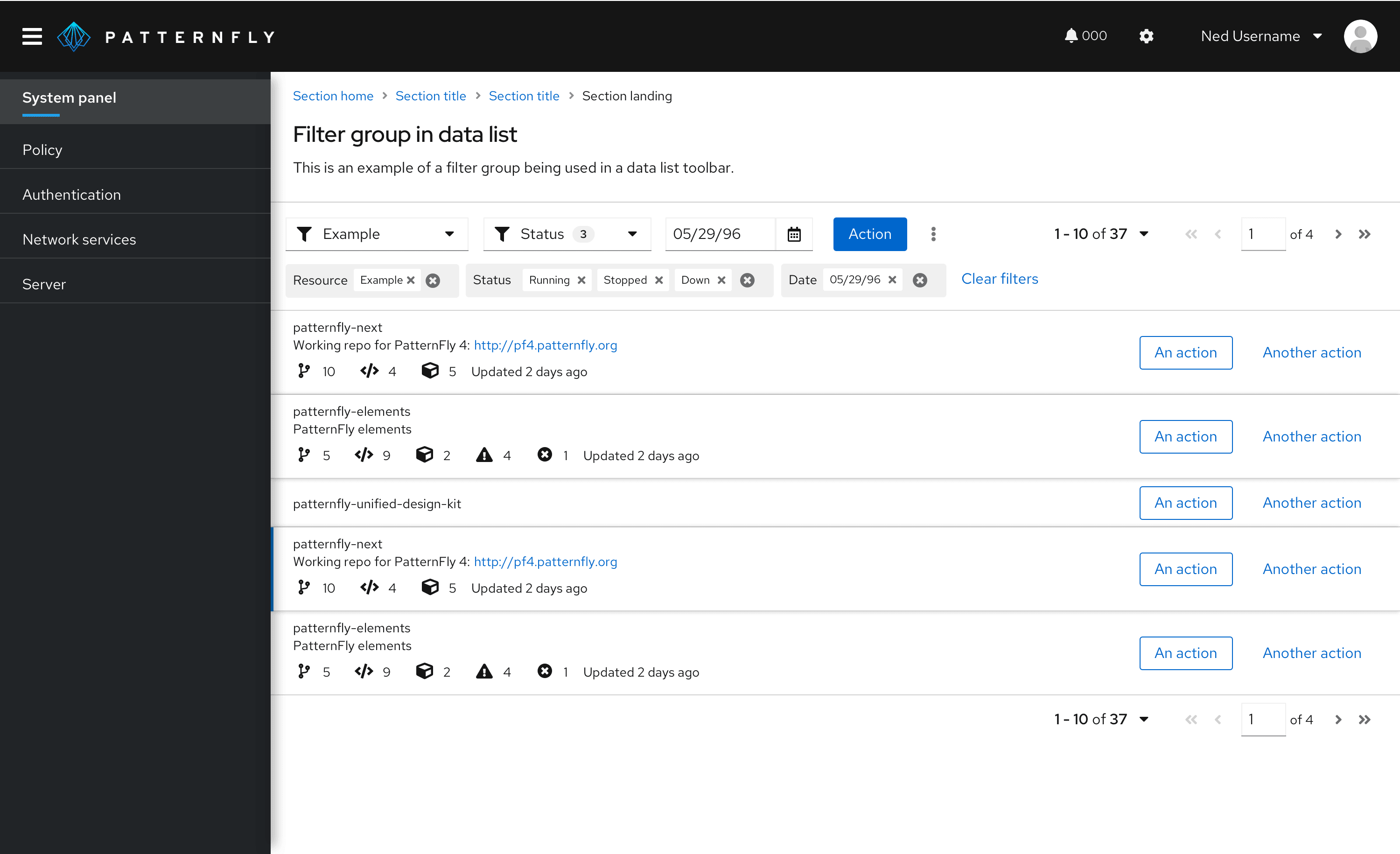 example of filter group in data list