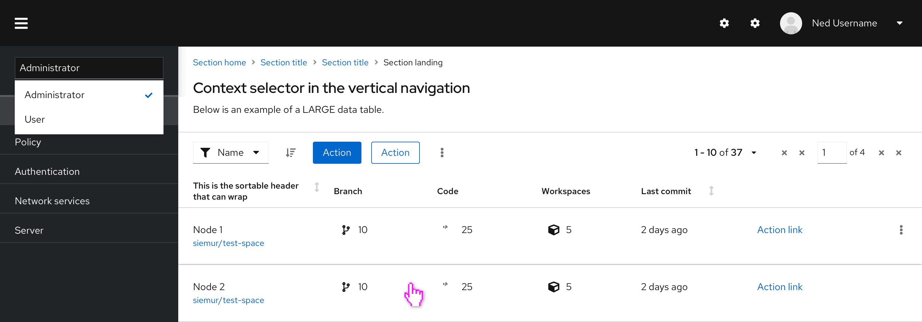 Example of a context selector with navigation level impact, placed at the top of the navigation